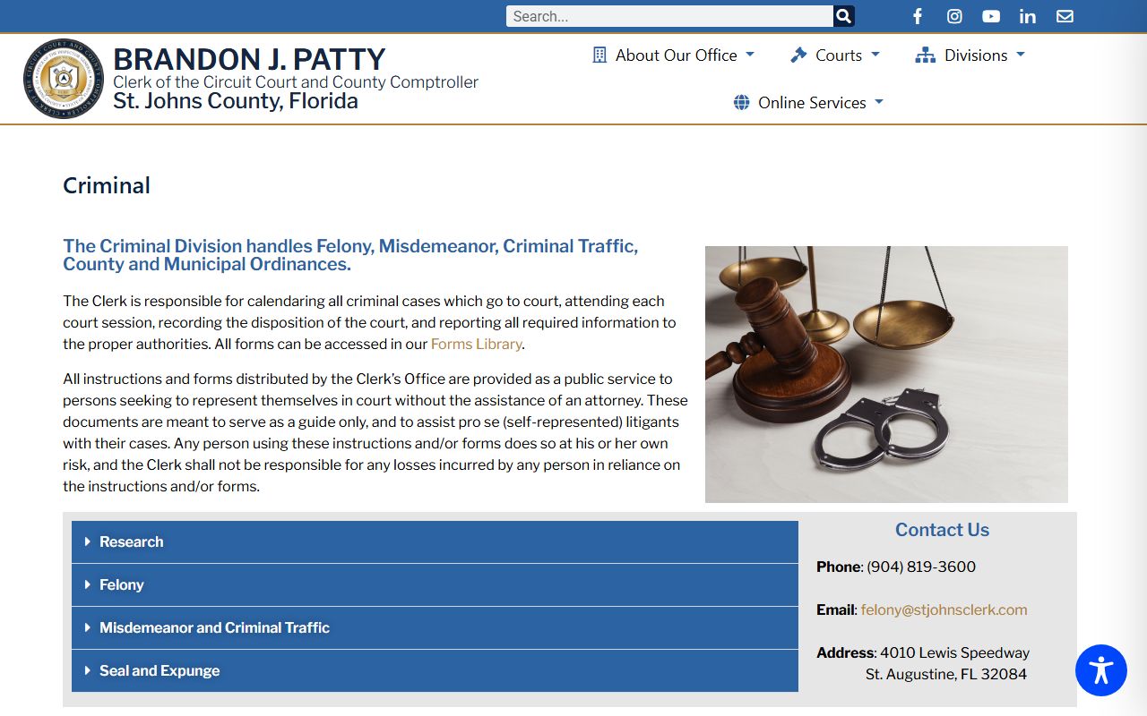 St. Johns County Clerk criminal division page used to find court records after a jail arrest