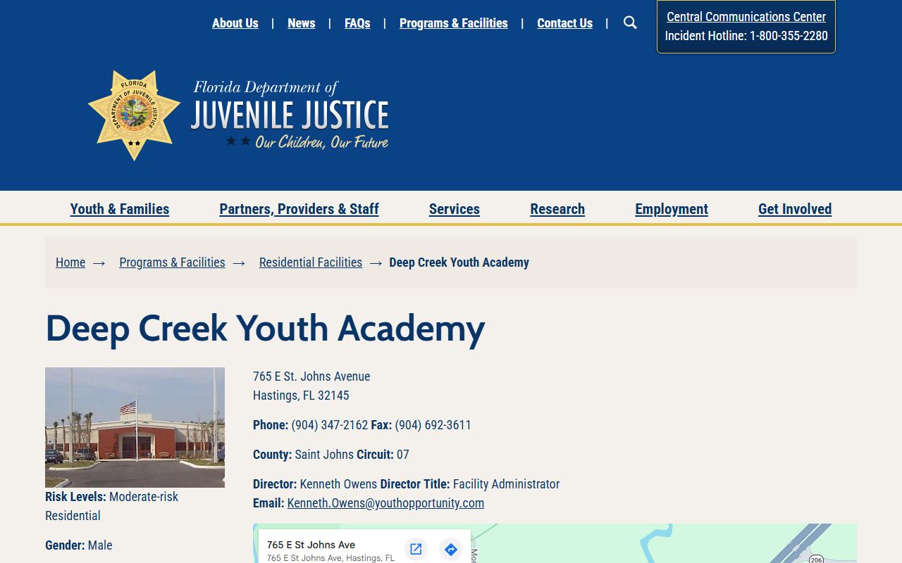 Florida DJJ Deep Creek Youth Academy facility page in Hastings, St. Johns County