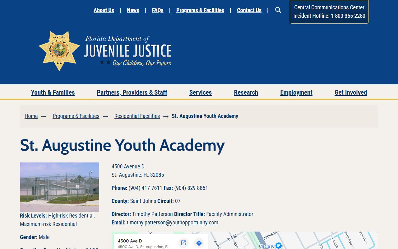 Florida DJJ St. Augustine Youth Academy facility page in St. Johns County