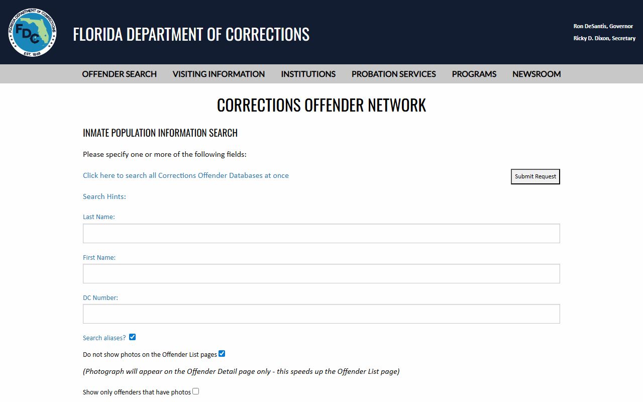 Florida Department of Corrections inmate population search used to locate sentenced St. Johns County prisoners