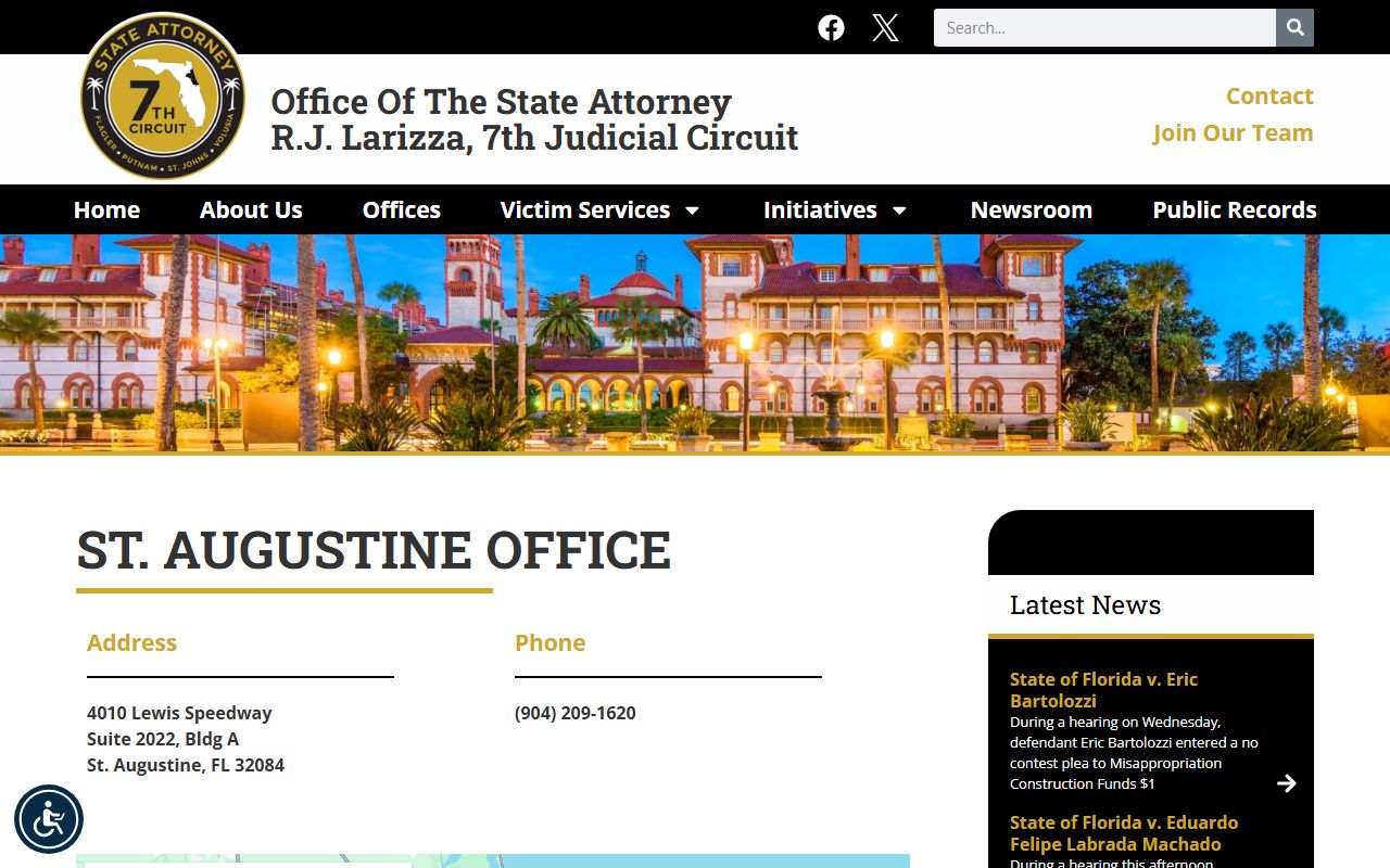 State Attorney Seventh Judicial Circuit St. Augustine office page for court records after a St. Johns County arrest