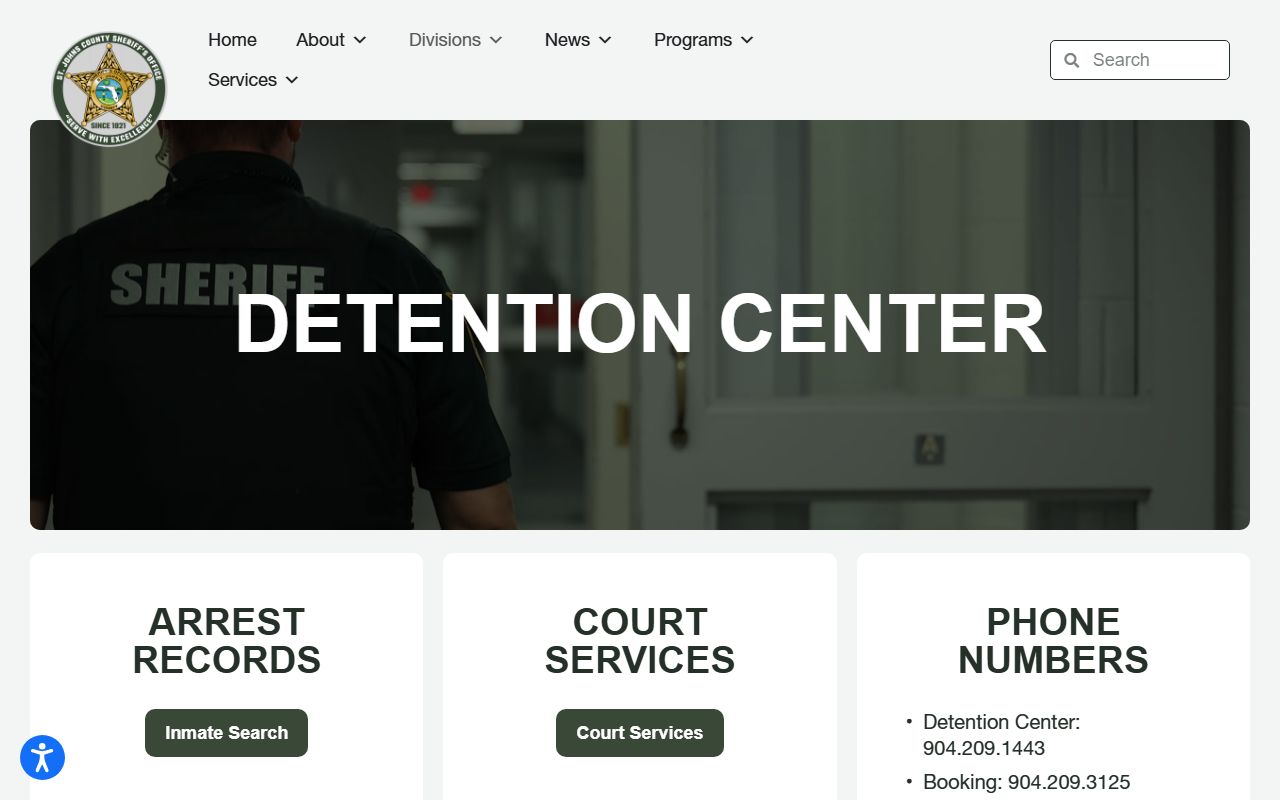 St. Johns County Sheriff's Office Corrections Division page describing the Main Detention Unit