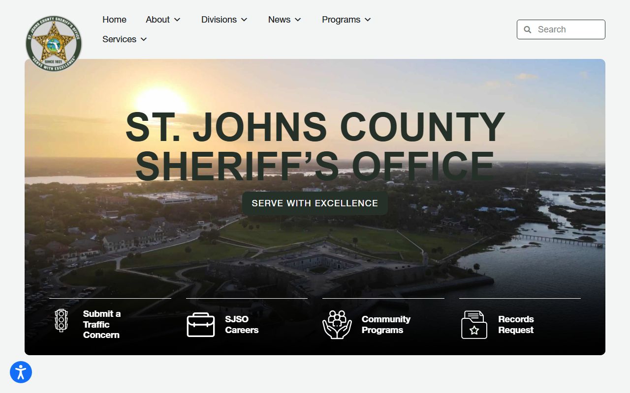 St. Johns County Sheriff's Office homepage linking the inmate search and jail population tools