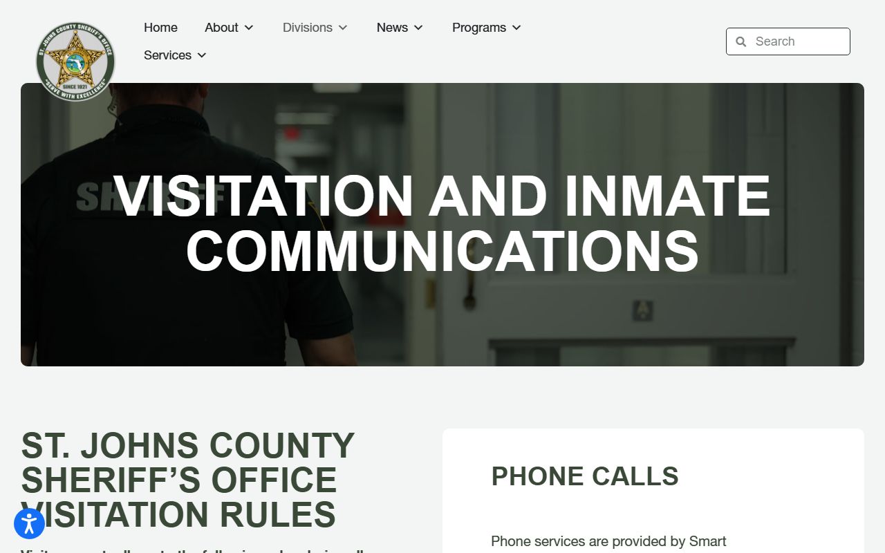 St. Johns County jail inmate contact page covering visitation, mail, and phone for inmates