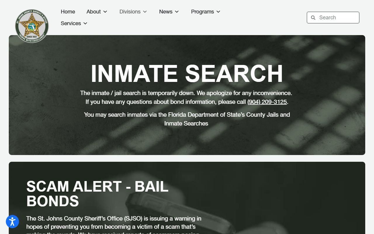 St. Johns County jail inmate search page with a temporary outage notice and fallback contacts