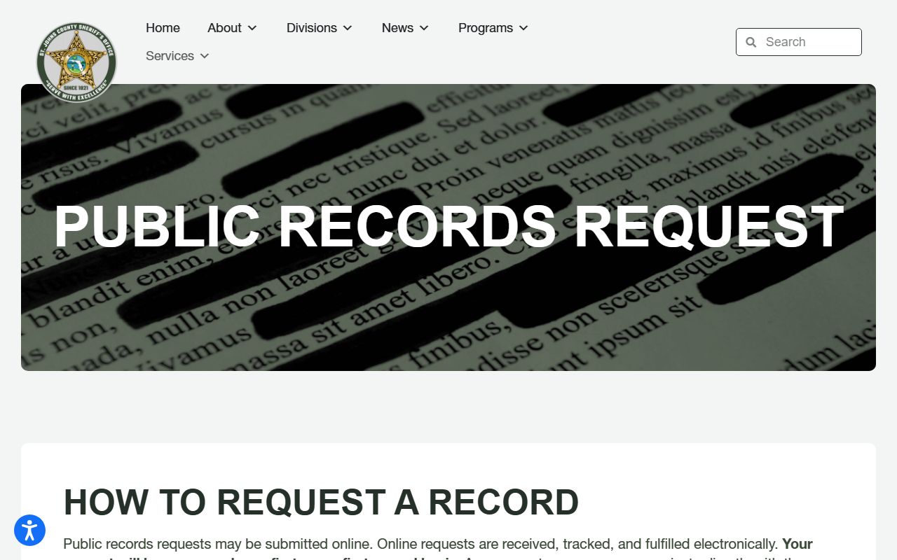 St. Johns County Sheriff's Office public records request page for booking and inmate records